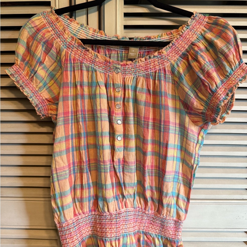 Jeanstar Orange and Green Smocked Puff Sleeve Blouse
